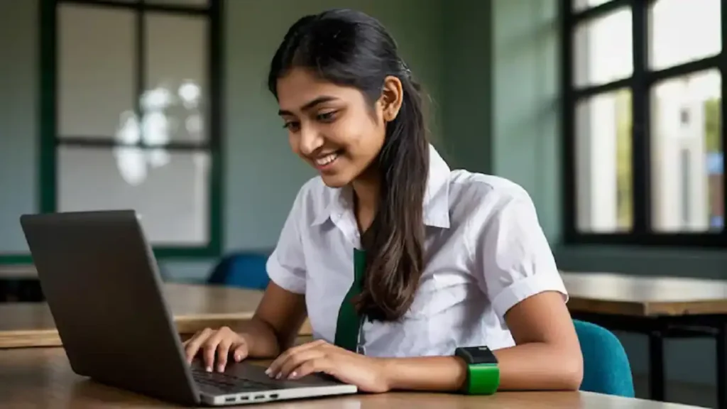 A student anxiously checking the RBSE 10th Result 2026 on a laptop screen, with the StudyHub logo visible.