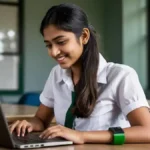 A student anxiously checking the RBSE 10th Result 2026 on a laptop screen, with the StudyHub logo visible.