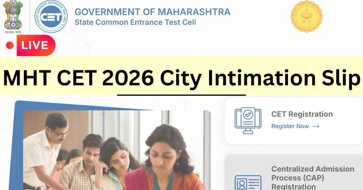A student anxiously checking their laptop for the MHT CET City Slip 2026 download link, with the StudyHub logo visible.
