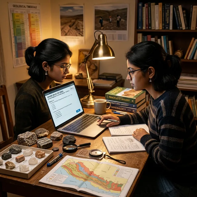 UPSC Combined Geo-Scientist Examination 2027 student preparing with geology maps and online test series on laptop