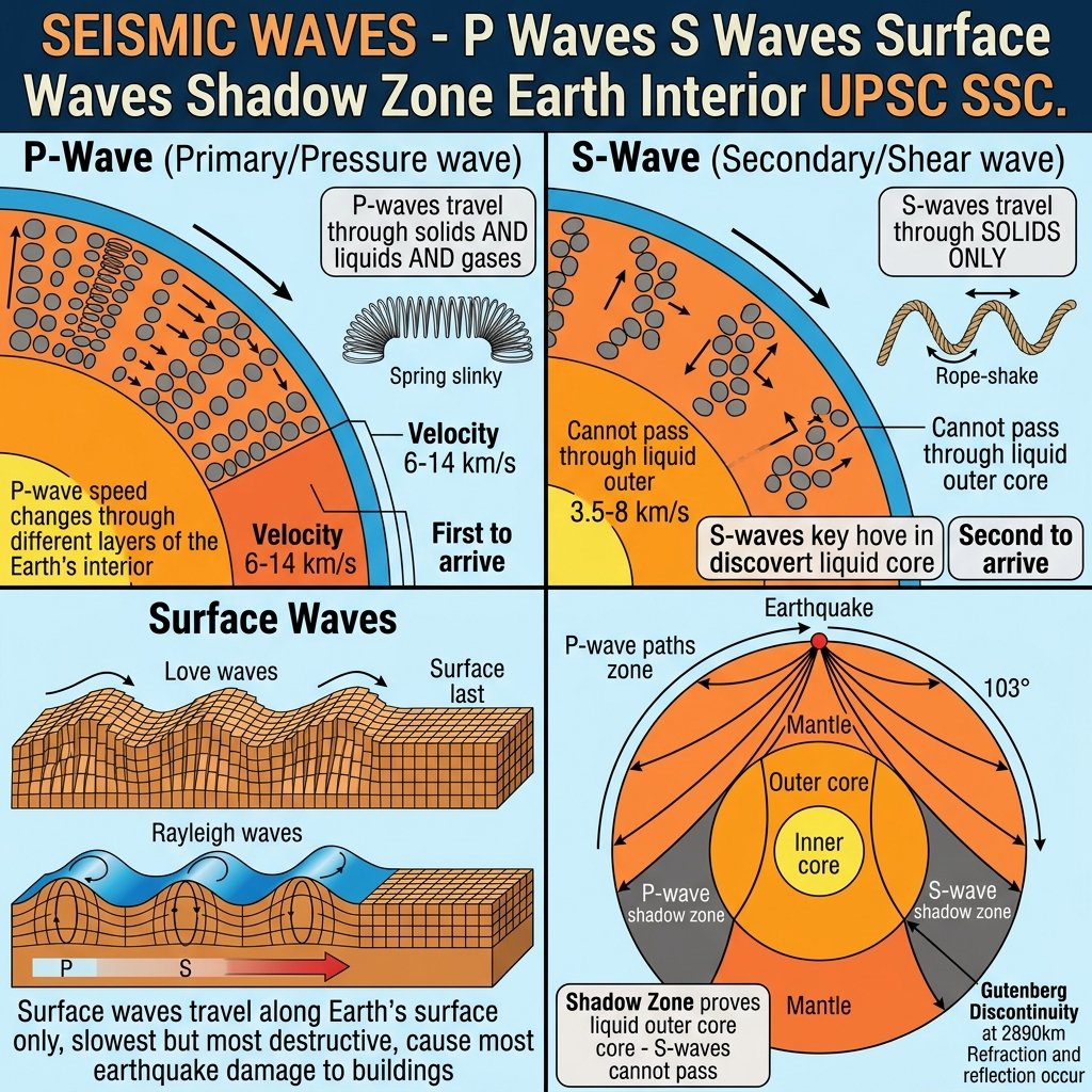 Seismic Waves P Waves S Waves Surface Waves Love Rayleigh Shadow Zone Earth Structure UPSC SSC