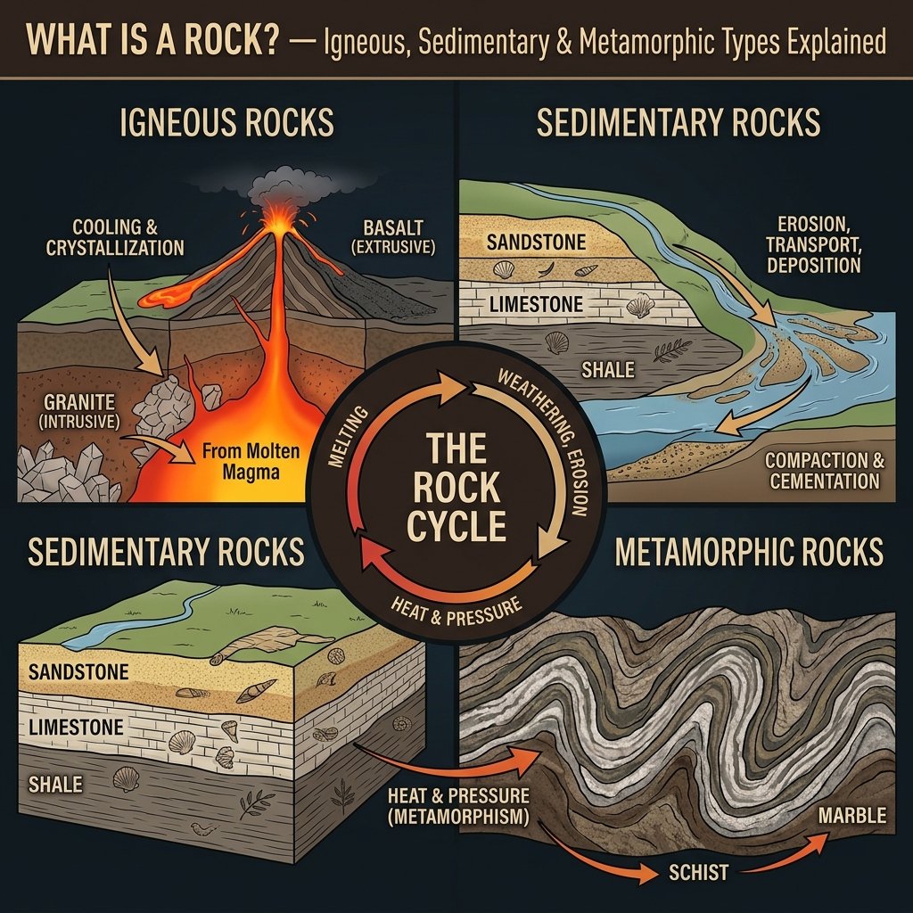 What is a Rock? β Igneous, Sedimentary & Metamorphic Types & The Rock Cycle Explained 2026 What is a Rock - Three Types Igneous Sedimentary Metamorphic Rock Cycle