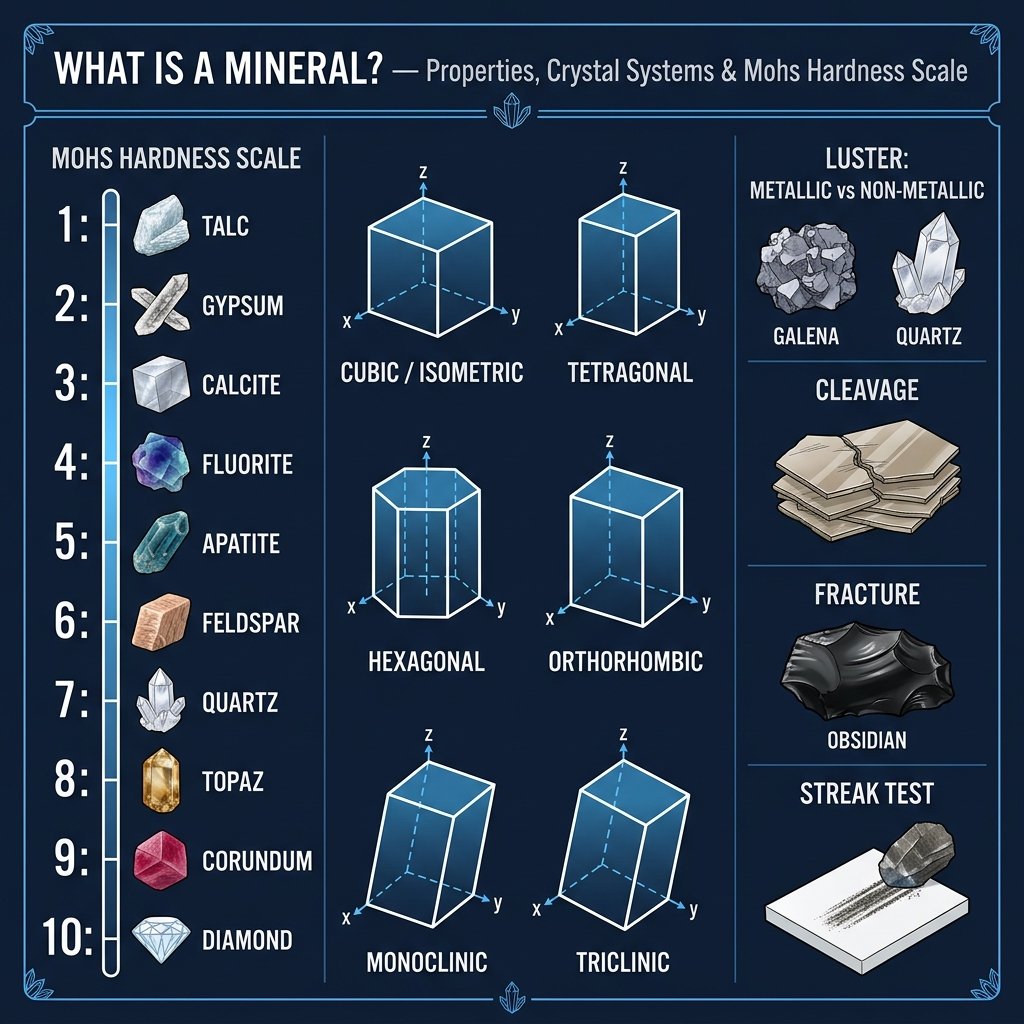 What is a Mineral - Properties Mohs Hardness Scale Crystal Systems Geology