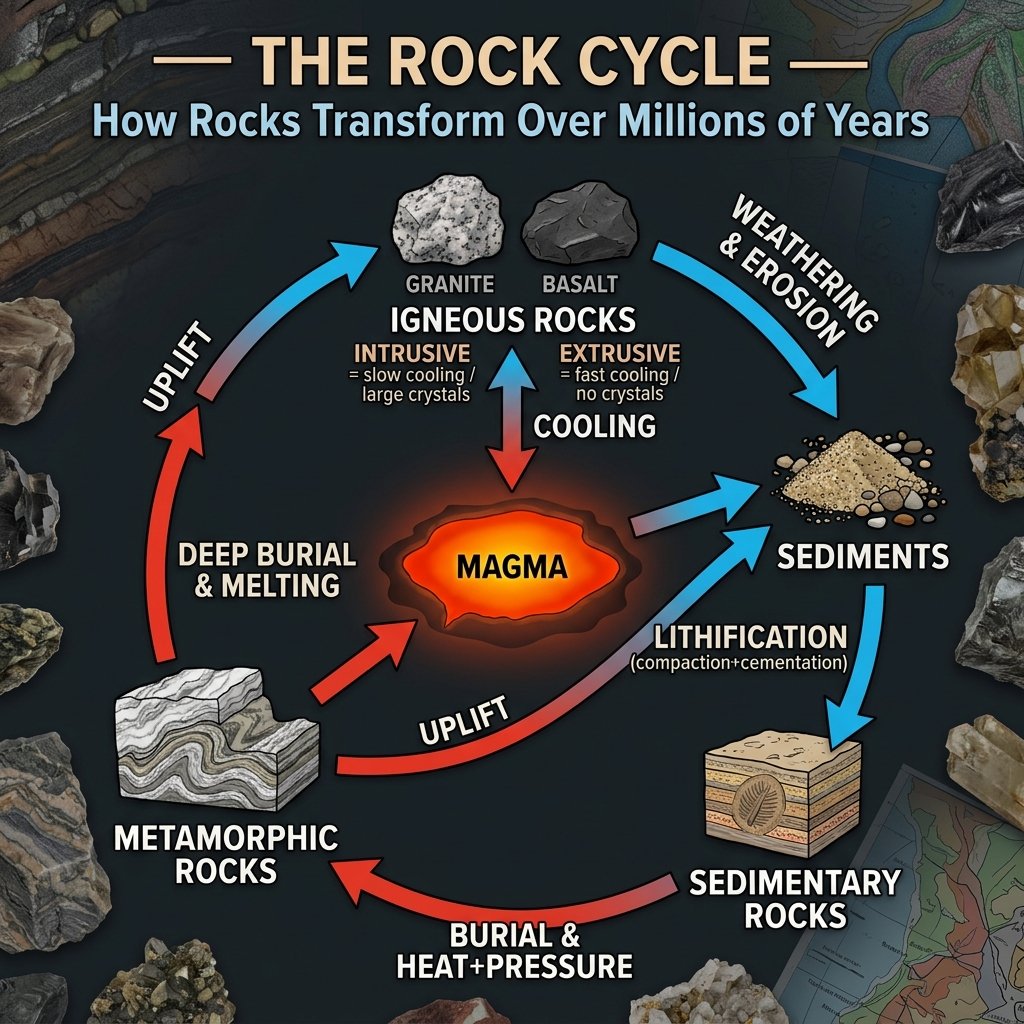 Rock Cycle - How Rocks Transform Igneous Sedimentary Metamorphic Processes Diagram