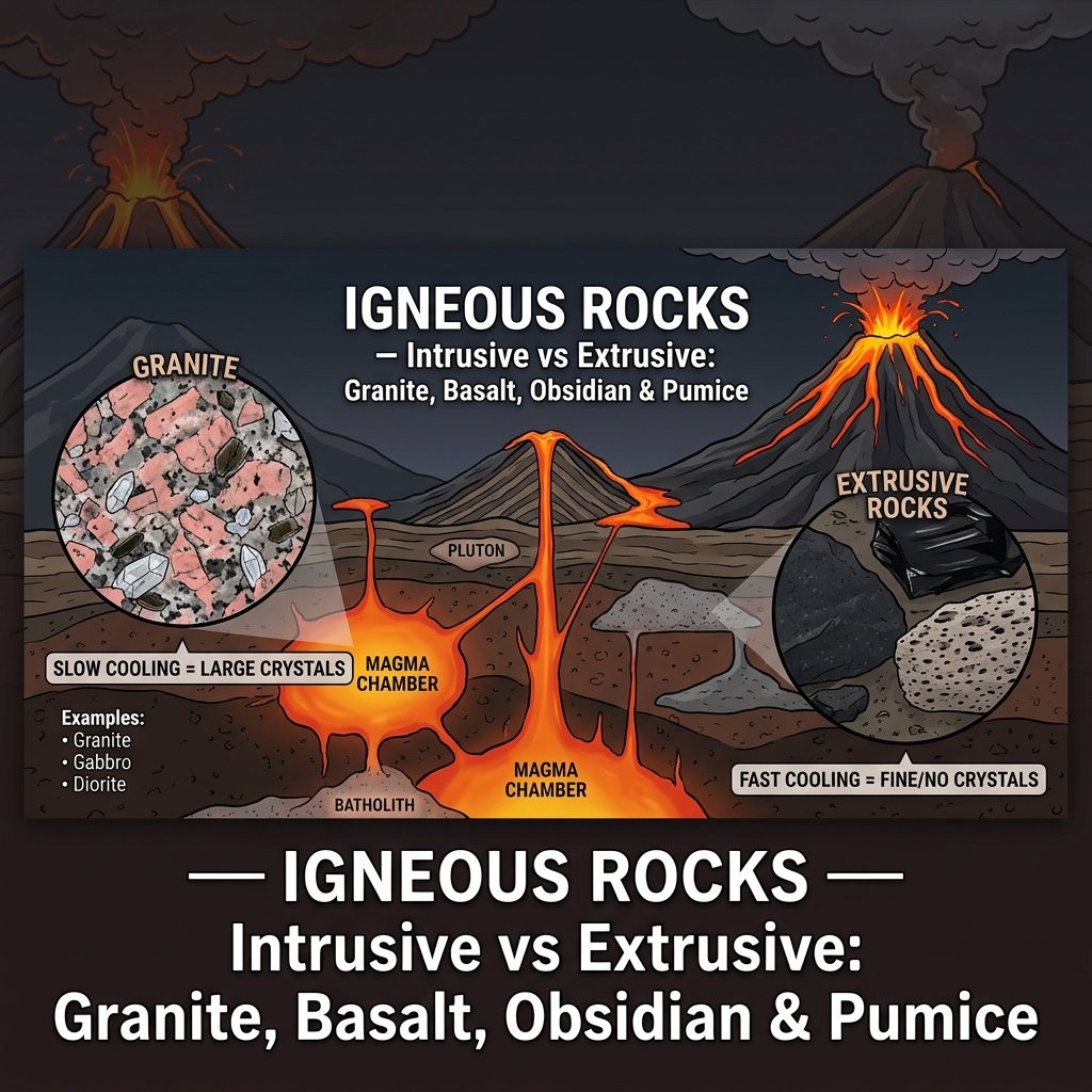 Igneous Rocks Types - Intrusive Extrusive Granite Basalt Obsidian Pumice Formation