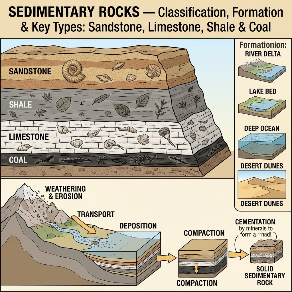 Sedimentary Rocks Classification Formation Types Sandstone Limestone Shale Coal India
