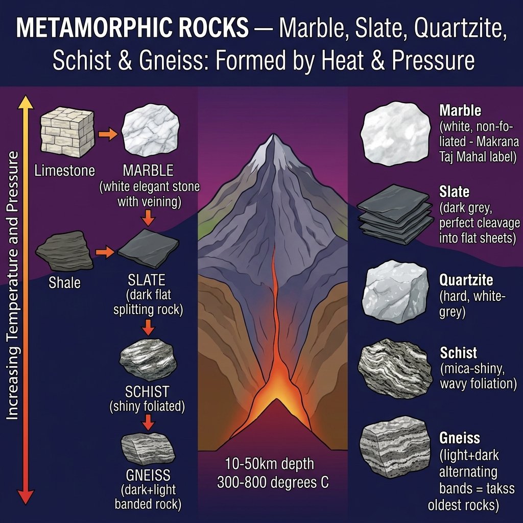 Metamorphic Rocks Types Marble Slate Quartzite Schist Gneiss Heat Pressure India