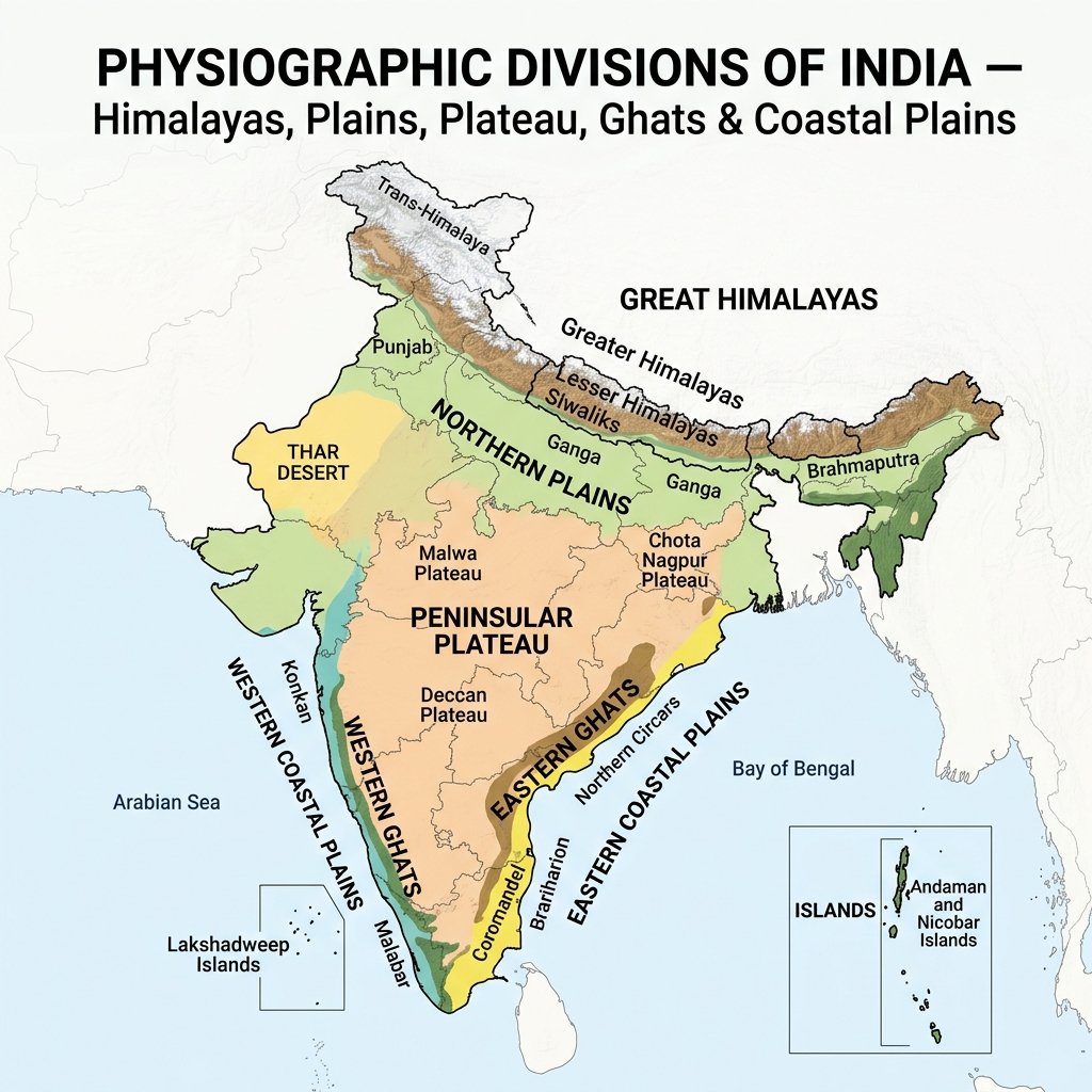 Physiographic Divisions India Himalayas Northern Plains Peninsular Plateau Western Eastern Ghats Coastal Plains Islands