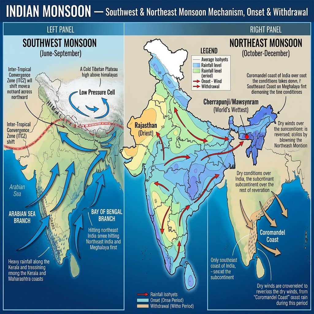 Indian Monsoon Southwest Northeast Mechanism Rainfall Onset ITCZ El Nino IOD