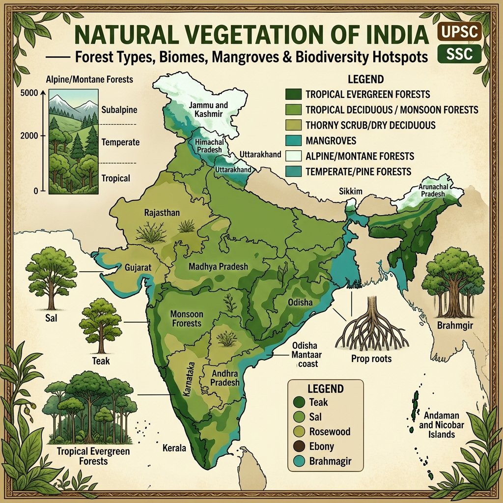 Natural Vegetation India Forest Types Tropical Deciduous Evergreen Mangroves Biodiversity Hotspots