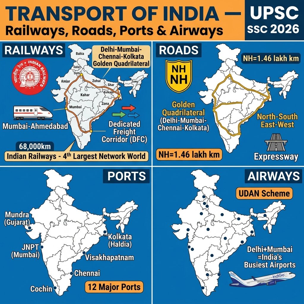Transport India Railways Roads National Highways Ports Airways Golden Quadrilateral