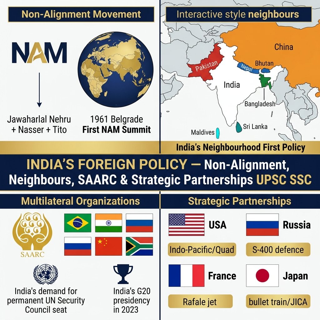 India Foreign Policy Non-Alignment Neighbours SAARC BRICS UN Strategic Partnerships
