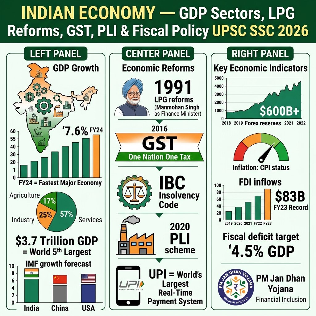 India Economy GDP Sectors LPG Reforms GST PLI Fiscal Policy 2026