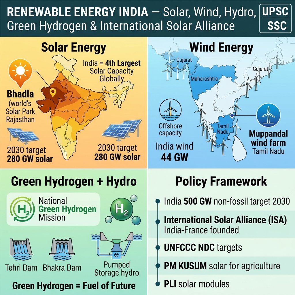 Renewable Energy India Solar Wind Hydro Green Hydrogen ISA International Solar Alliance