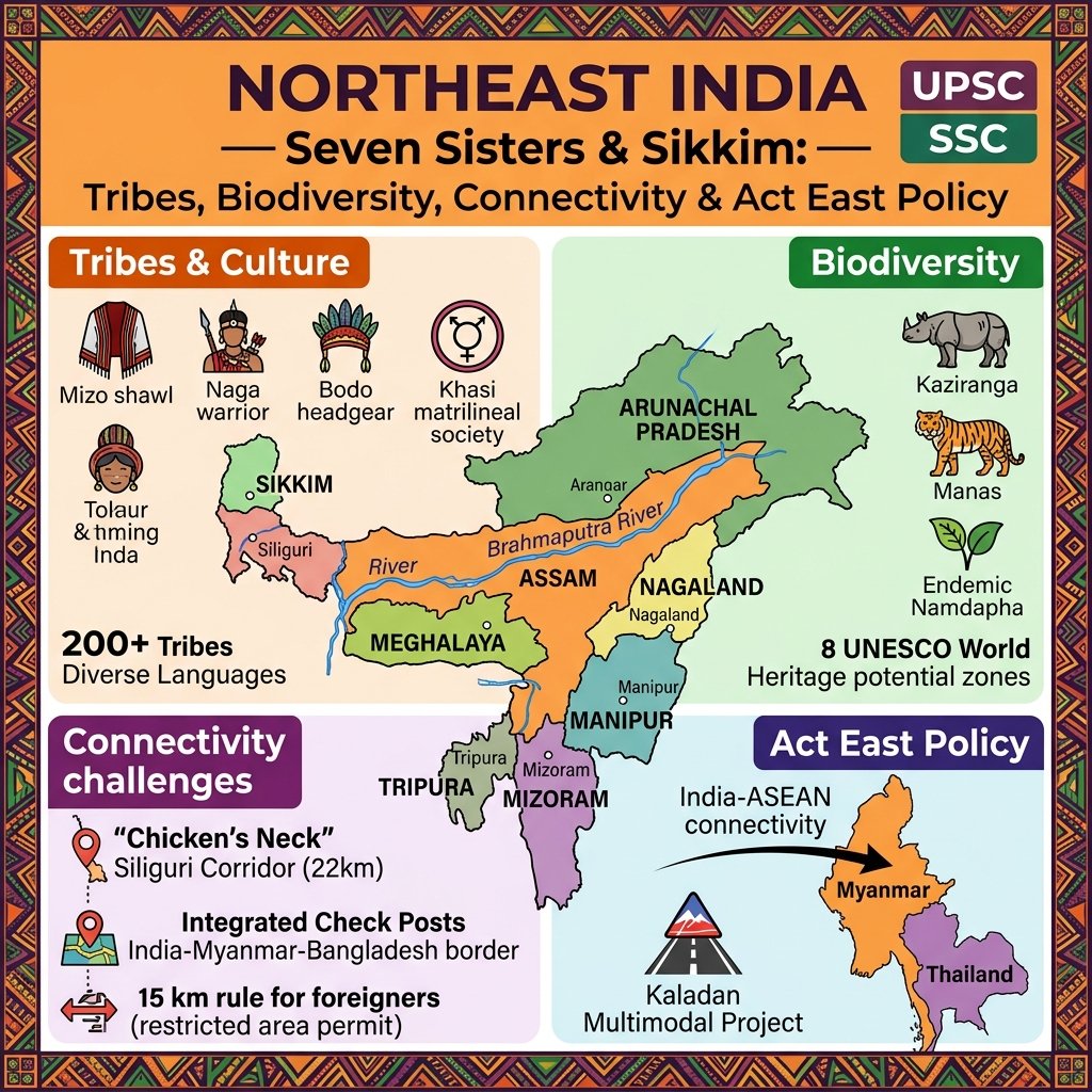 Northeast India — Seven Sisters & Sikkim: Tribes, Biodiversity, Connectivity & Act East Policy 2026 Northeast India Seven Sisters Sikkim Tribes Biodiversity Connectivity Act East Policy