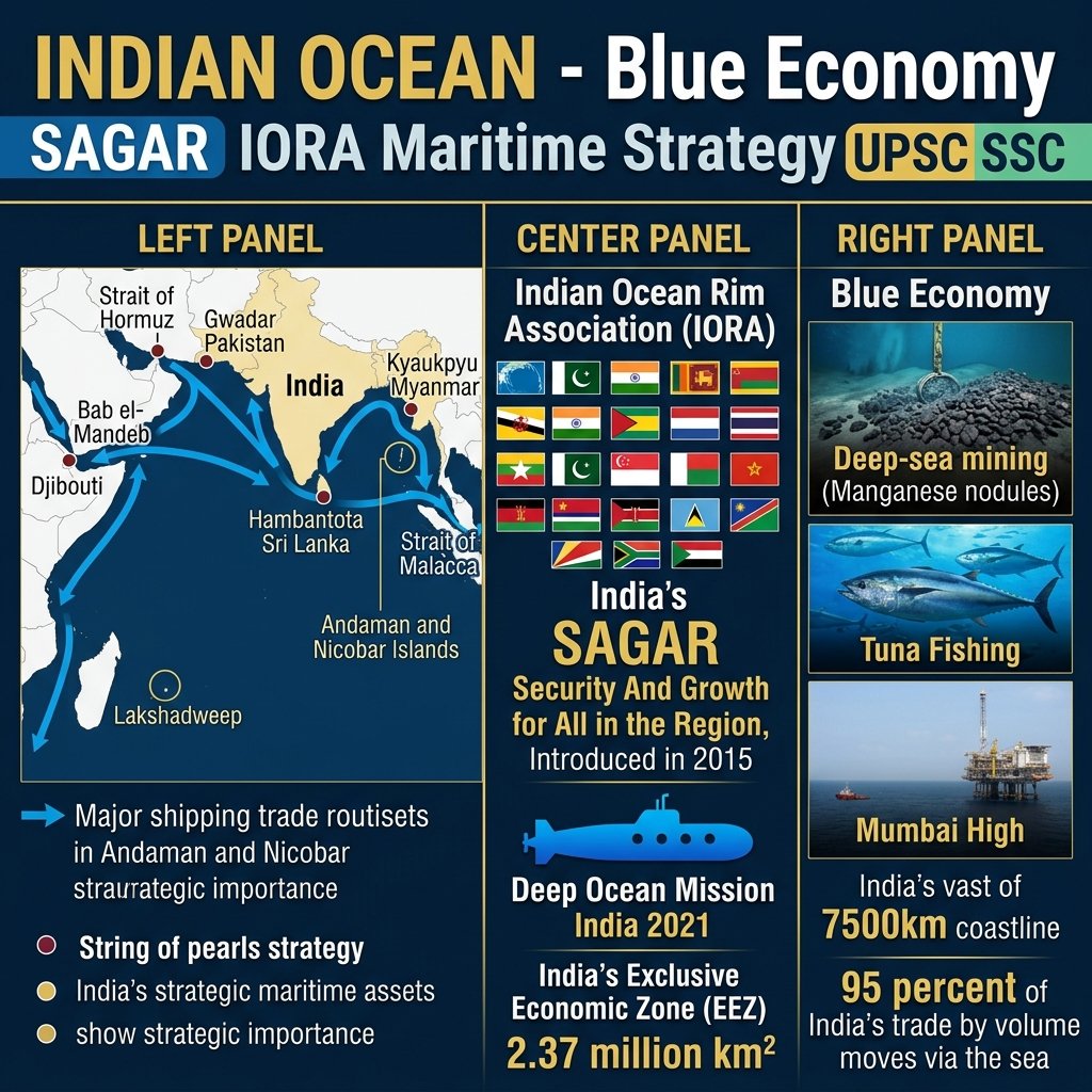 Indian Ocean Rim Blue Economy IORA SAGAR Maritime Strategy India UPSC SSC