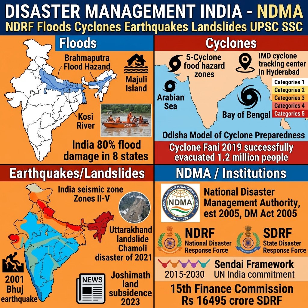 Disaster Management India NDMA NDRF Floods Cyclones Earthquakes Sendai Framework UPSC SSC