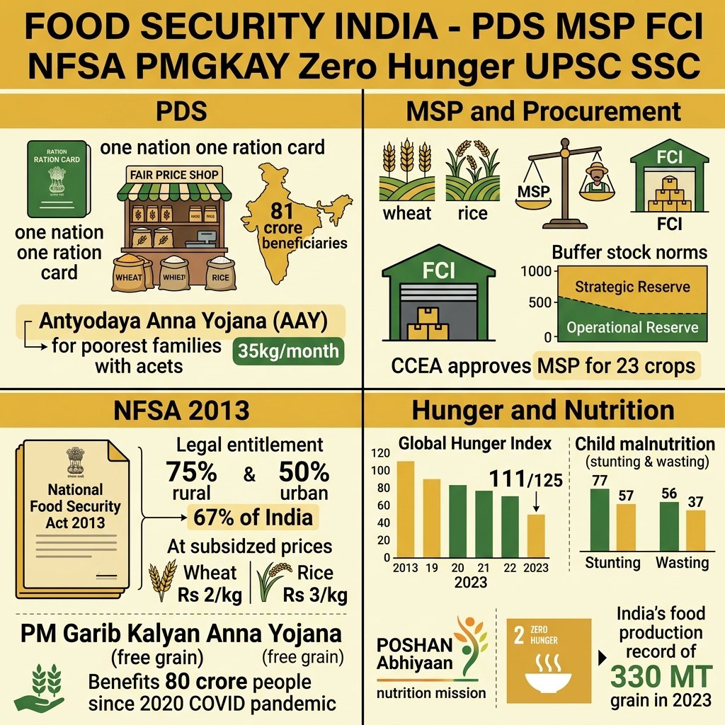 Food Security India PDS MSP FCI NFSA PMGKAY Zero Hunger UPSC SSC