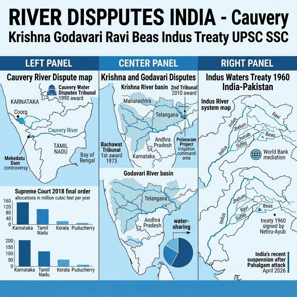 River Disputes India Cauvery Krishna Ravi Beas Indus Water Treaty Interstate Water UPSC SSC