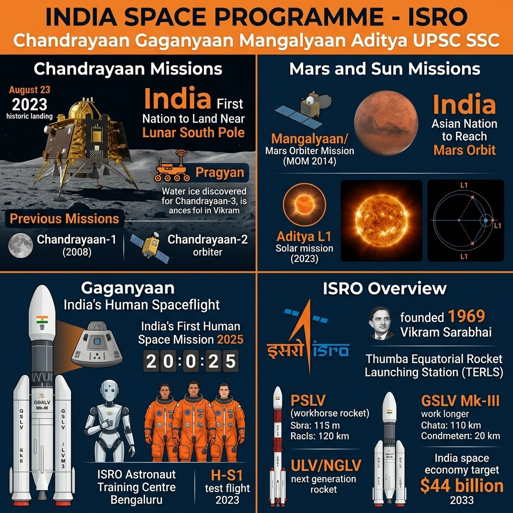 India Space Programme ISRO Chandrayaan Gaganyaan Mangalyaan Aditya L1 UPSC SSC