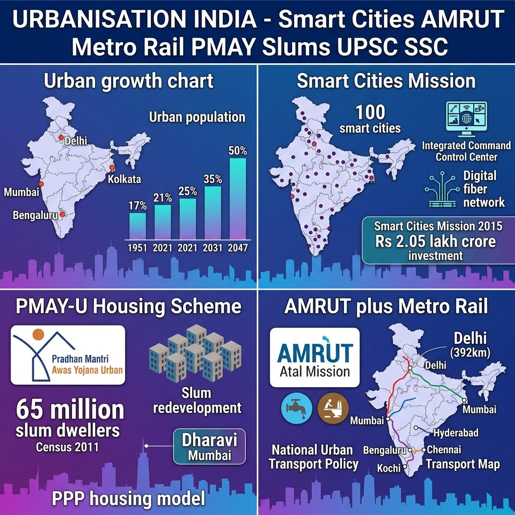 Urbanisation India Smart Cities AMRUT Metro Rail PMAY Slums Urban Development UPSC SSC
