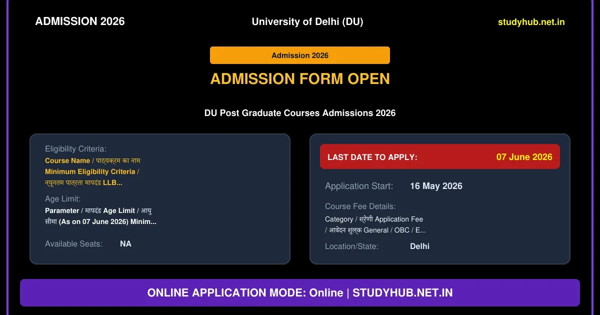 Delhi University DU PG Admission Online Form 2026