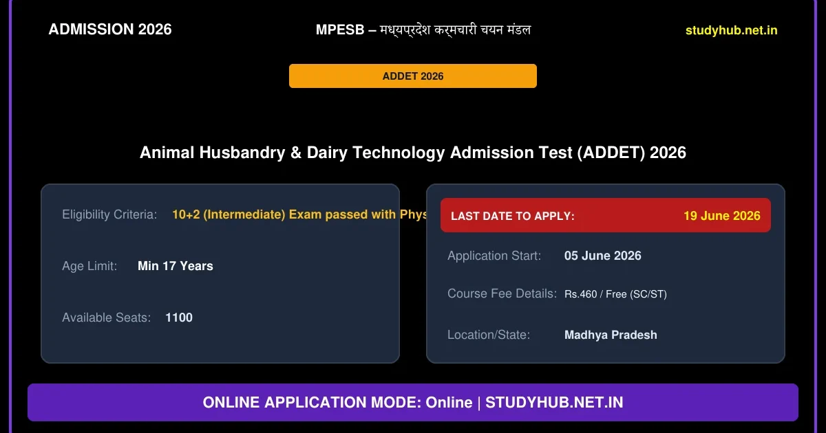 MPESB ADDET Admission 2026 Online Form – मध्यप्रदेश पशुपालन एवं डेयरी टेक्नोलॉजी प्रवेश परीक्षा 2026