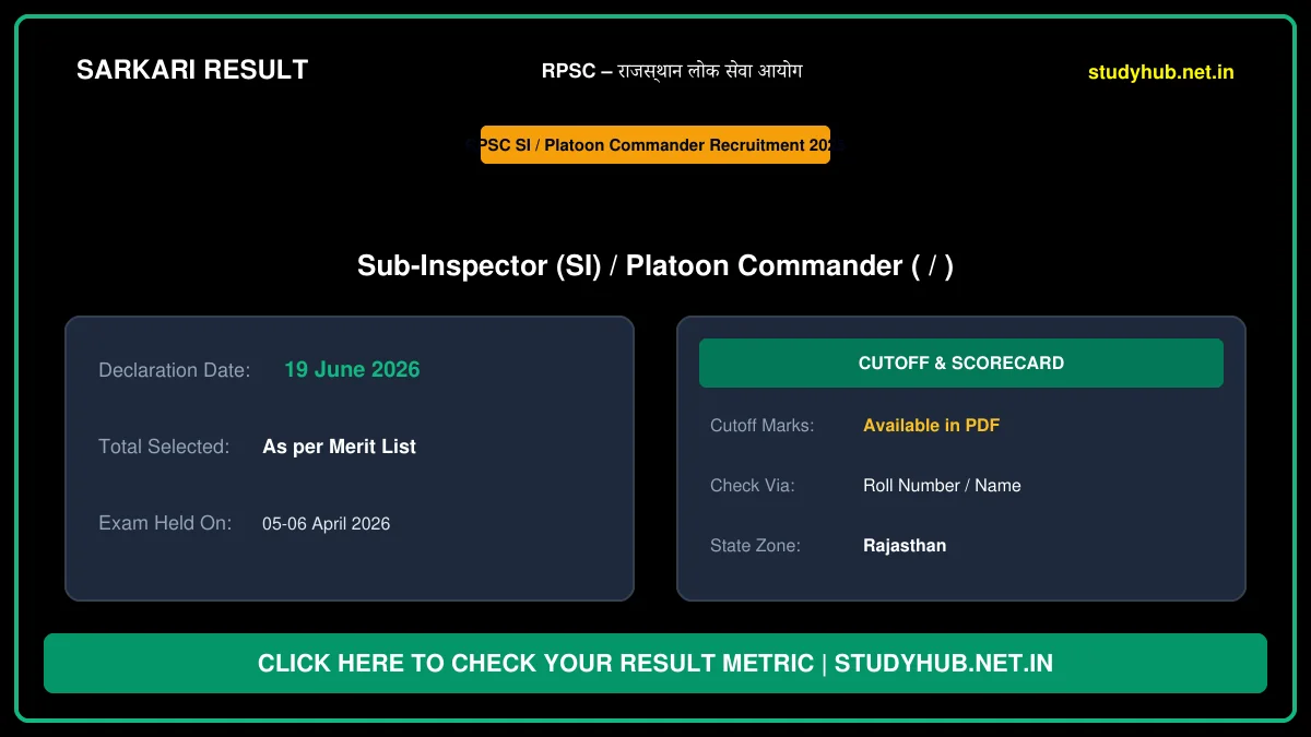 StudyHUB – Free Open Educational Resources RPSC SI / Platoon Commander Result 2026 – Out – राजस्थान लोक सेवा आयोग उपनिरीक्षक / प्लाटून कमांडर परीक्षा परिणाम घोषित