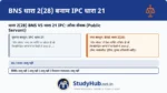 'लोक सेवक' की परिभाषा भ्रष्टाचार या हमले के मामलों में बहुत महत्वपूर्ण है। IPC की धारा 21 को BNS 2(28) में आधुनिक प्रशासनिक ढांचे के अनुरूप अपनाया गया है।