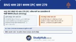 रैश ड्राइविंग (Rash Driving)! अगर आप सड़क पर ज़िग-ज़ैग बाइक दौड़ाते हैं या लाल बत्ती तोड़कर लोगों की जान खतरे में डालते हैं (भले ही एक्सीडेंट न हुआ हो)। सिर्फ यह 'खतरनाक ड्राइविंग' ही आपको BNS 281 (IPC 279) के तहत 6 महीने के लिए जेल की हवा खिला सकती है। एक्सीडेंट वाले मामलों (IPC 337/304A) के साथ इसे आमतौर पर जोड़ दिया जाता है।