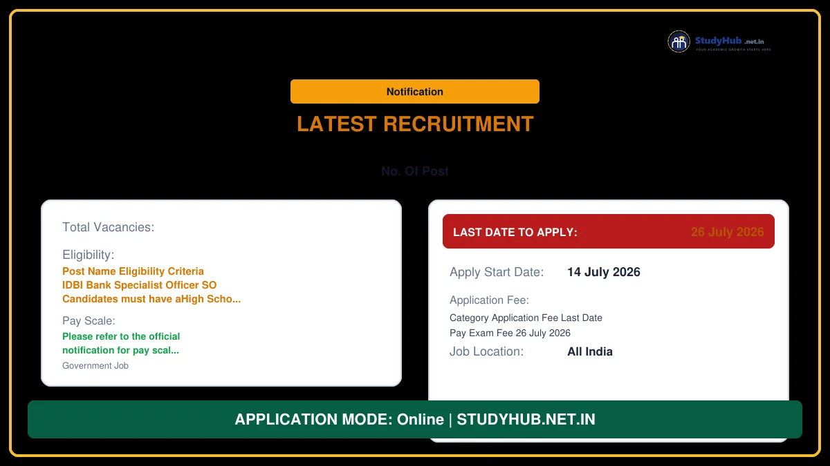 IDBI Bank Specialist Officer SO Online Form 2026 IDBI Bank Specialist Officer SO Online Form 2026