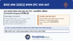 प्लॉट या खेत में घुसने पर जुर्माना बढ़ा! (Punishment for Trespass)। किसी खाली प्लॉट या खेत में बिना इजाज़त घुसने (आपराधिक अतिचार) पर पहले मात्र 500 रुपये जुर्माना होता था (IPC 447)। लेकिन नए कानून BNS 329(3) में जेल की सजा तो 3 महीने ही रखी गई है