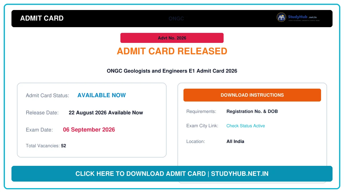 Sarkari Result ONGC Geologists and Engineers E1 Admit Card 2026