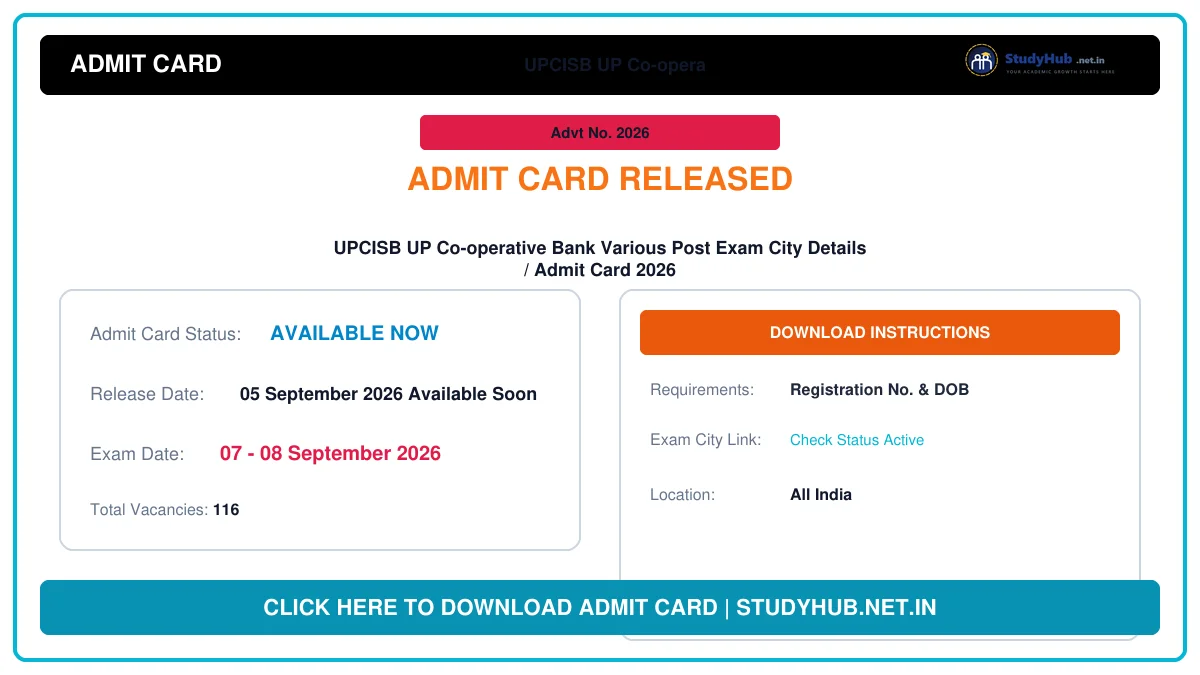 UPCISB UP Co-operative Bank Various Post Exam City Details / Admit Card 2026 UPCISB UP Co-operative Bank Various Post Exam City Details / Admit Card 2026